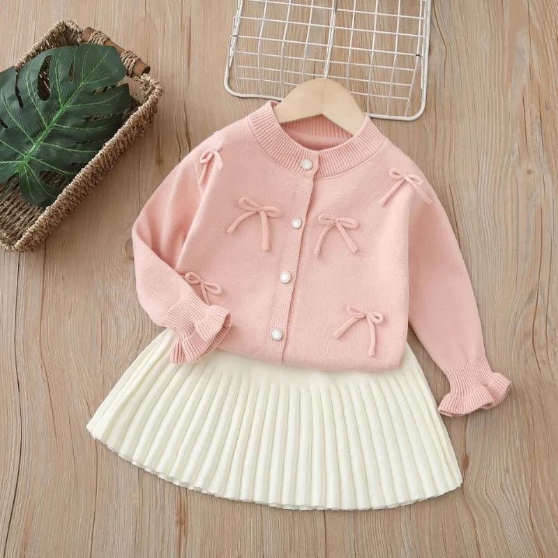 

2025 Autumn New Kids Sweater Sets 2-6T Girls Bow Knitted Cardigan+Skirts Baby Children Casual Sweater 2PCS