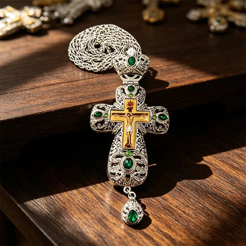 Collar con Cruz Pectoral Ortodoxa Plateada con Gemas Verdes para el Clérigo, Liturgia, Oración, Devoción, Regalo Religioso Cristiano, Joya