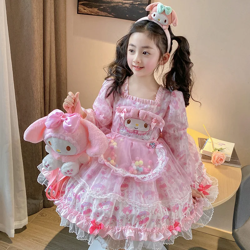 Kawaii Kids Clothes Spring Autumn Princess Dress Sanrios My Melody Girl Lolita Dress Cosplay Costume Birthday Party Sweet Skirt