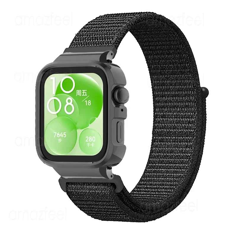 Nylonowa pętla do zegarka Huawei Watch Fit 3, ochraniacz na pasek do zegarka Huawei Watch Fit 3, nylonowe bransoletki + metalowa osłona ochronna