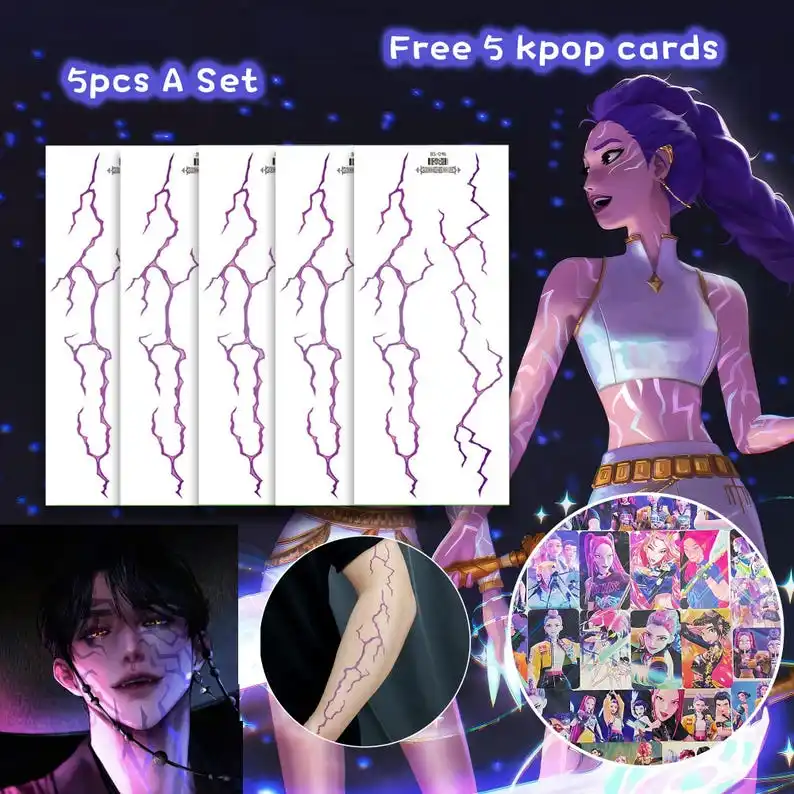 ملصقات الوشم المؤقت Kpop Demon Hunters - فن الجسم التأثيري Rumi & Jinu، شارات كتف يدوية متوهجة للوجه والذراع لـ Kpop