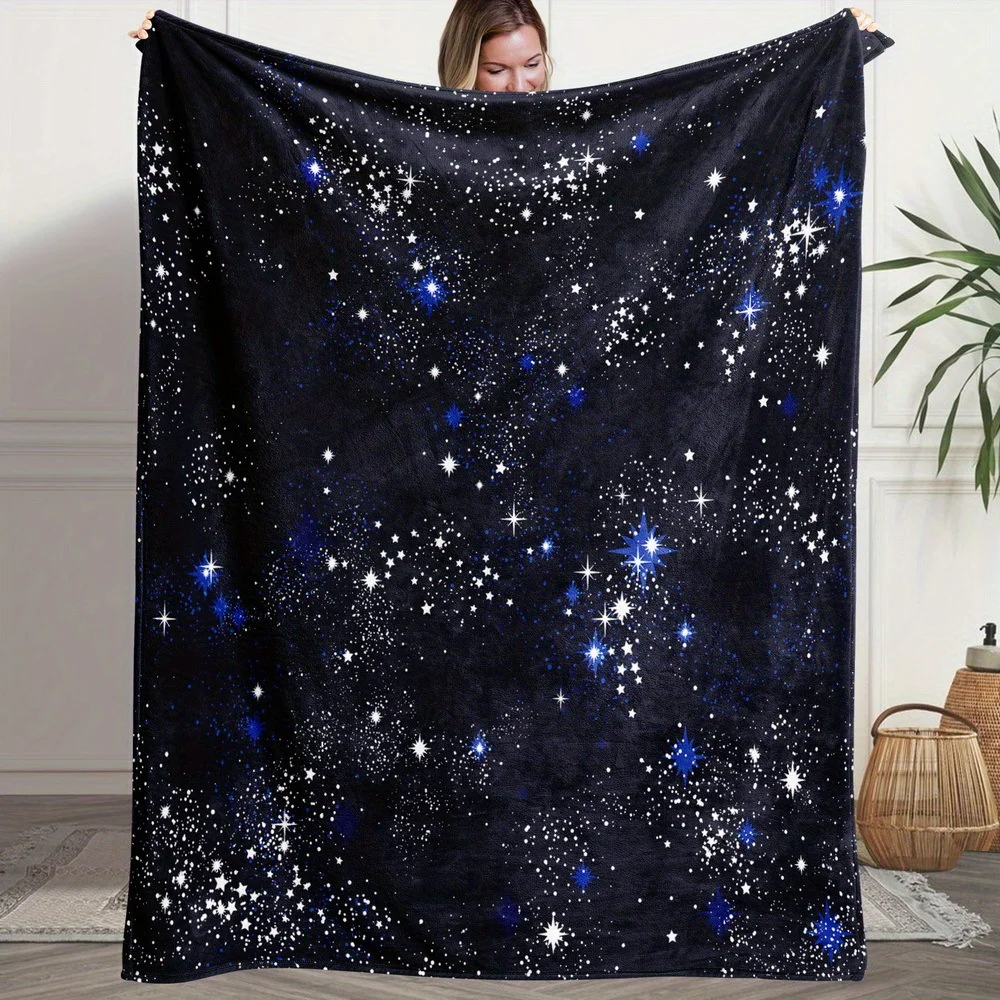 Black Background Blue White Galaxy Starry Sky Full Print Soft Flannel Blanket Cosmic Trend Throw for Sofa Bedroom Home Use