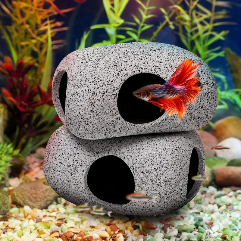 Decoración subacuática de cueva para pecera, refugio para peces y camarones, decoración de paisaje de cerámica, decoración de acuario de arcilla púrpura