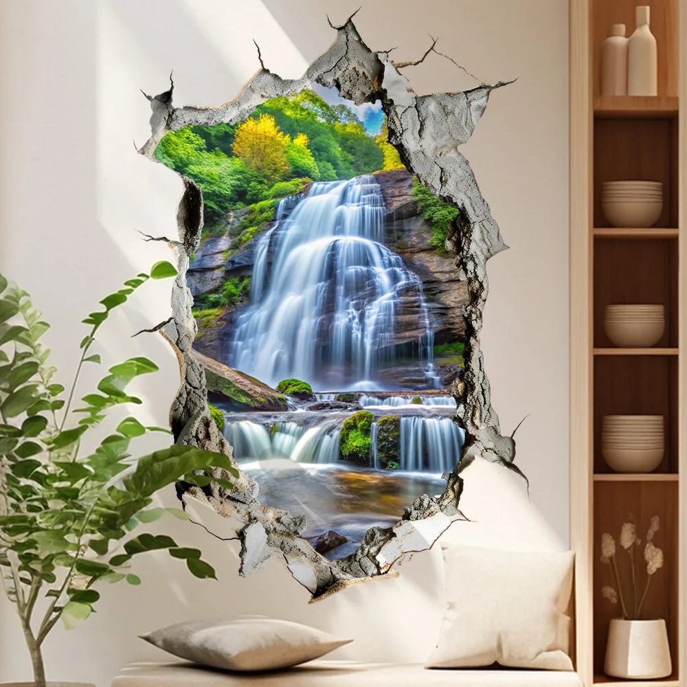 3D Broken Wall Stickers Waterfall Scenic Landscape Creative Wall Stickers for Bedrooms Room Bathroom Home Decoration Stickers