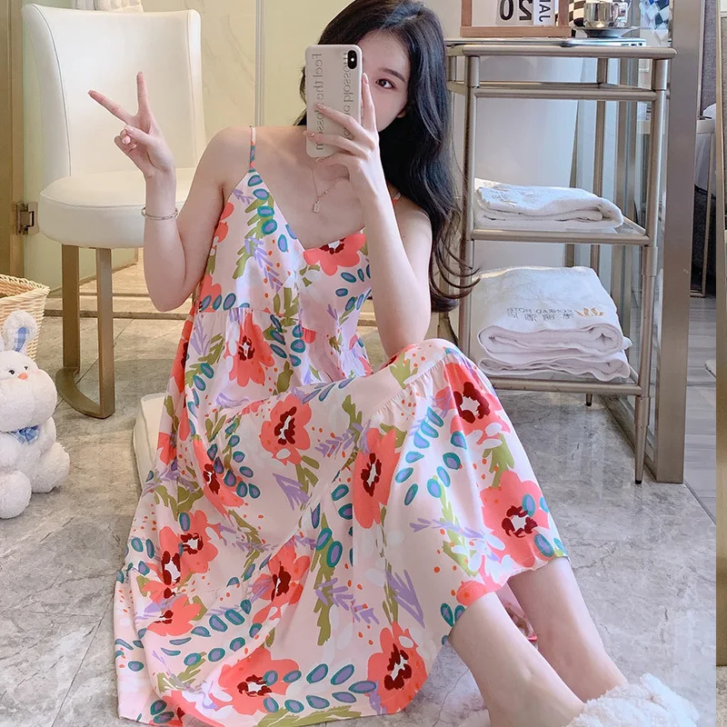 Summer Slip Nightdress Women Thin Rayon Pajamas Home Wear Korean Style Sweet Girl\'s Cotton Sleepwear Nighty For Ladies Sexy