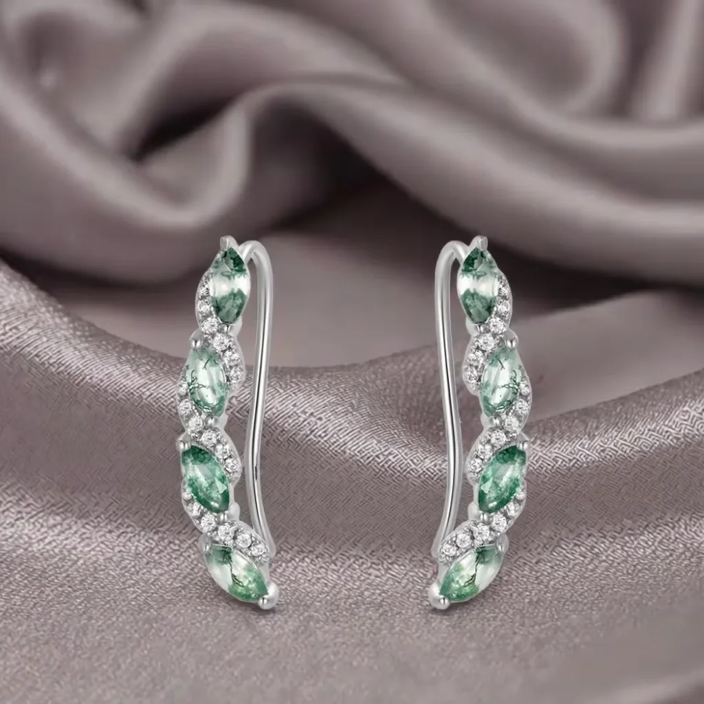 

Sterling Silver Moss Agate Earrings Elegant Marquise Cut Diamond Hook Earrings for Women Gift Anniversary