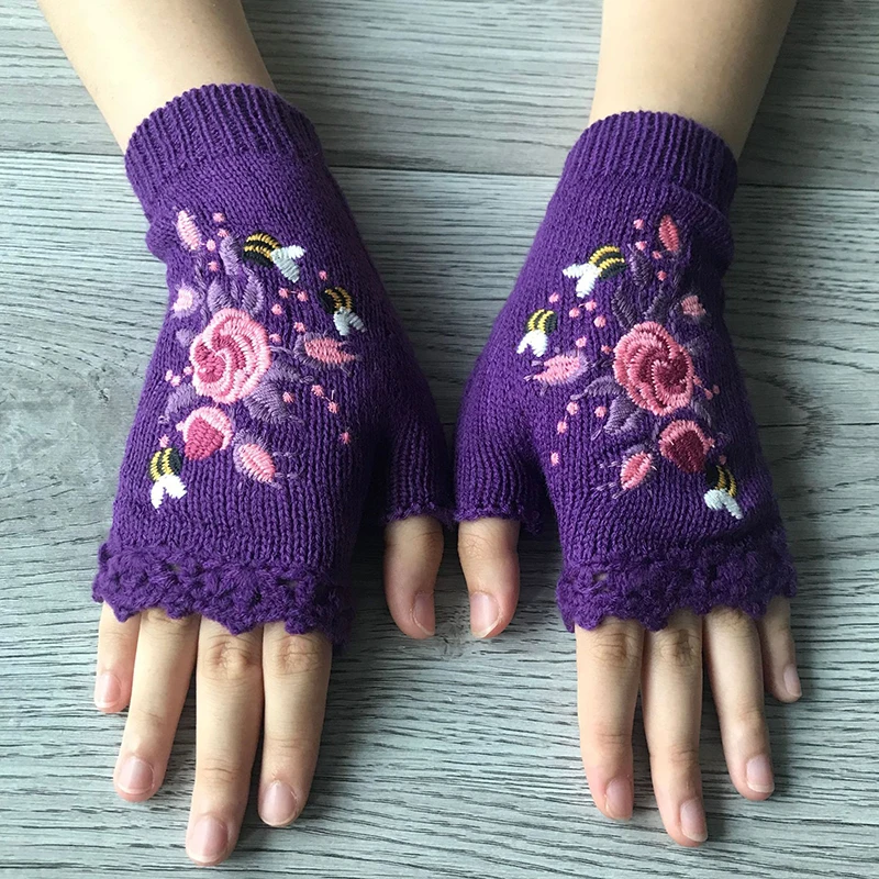 Bee Flower Embroidery Knitted Half Finger Gloves Soft Warm Handmade Autumn Winter Outdoor Women Mittens One Size