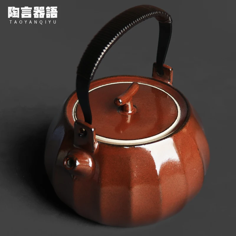 Vintage red melon petal shape lifting beam boiling tea kettle charcoal electric stove open flame ceramic water kettle