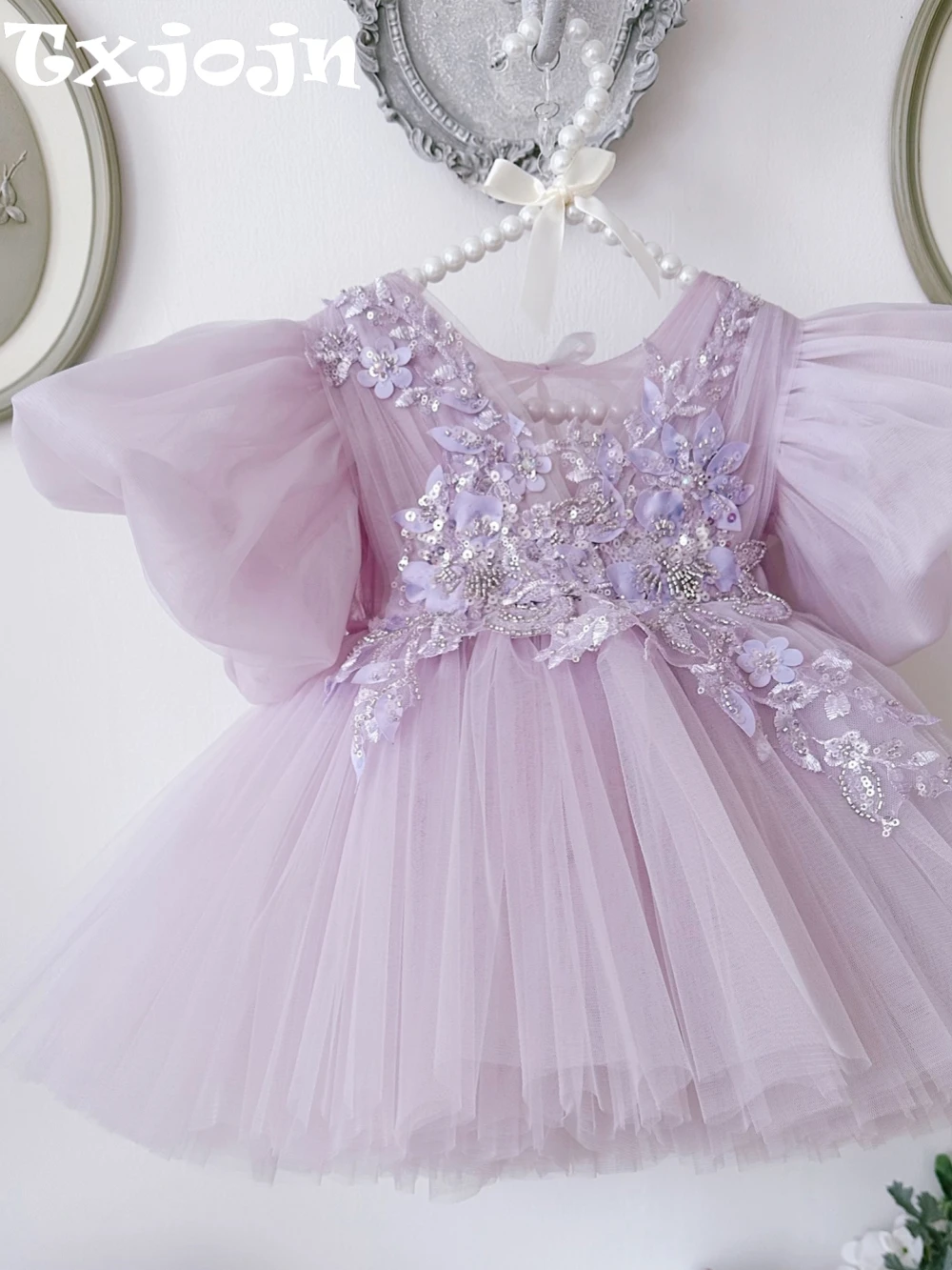 Purple Shiny Beaded Appliques Flower Girls Dresses For Wedding Cute Sweet Kids Princess Gown With Bow 80-160cm For Party