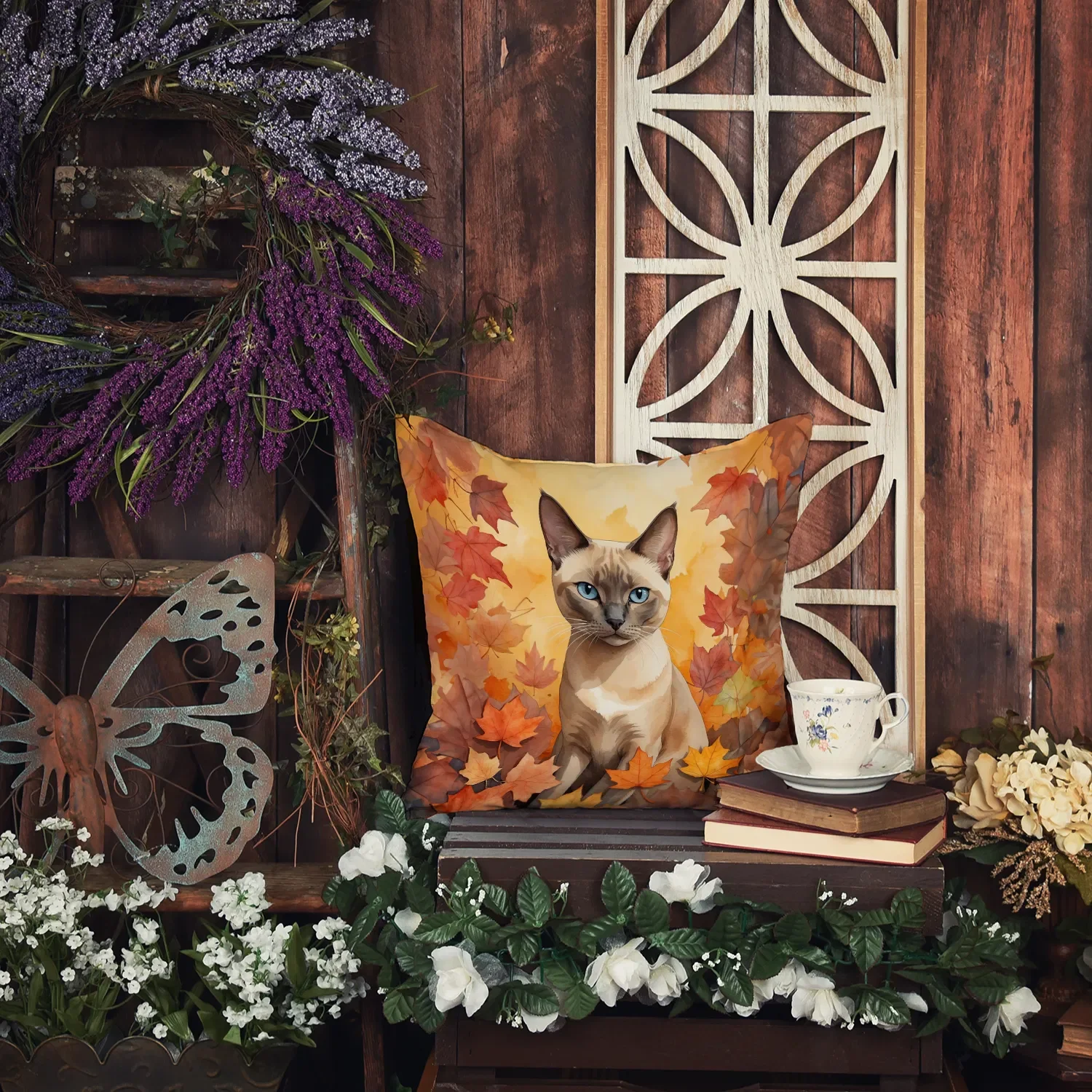 14Hx14W Tonkinese Cat in Fall Leaves Throw Pillow Washable Indoor Outdoor Decorative Pillow for Couch Bed Patio