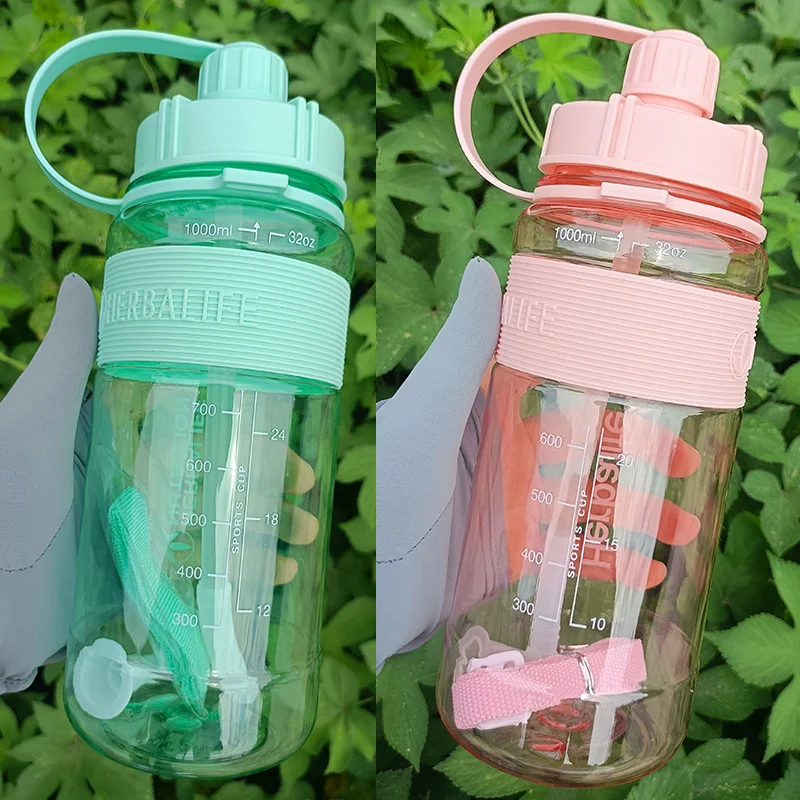 New Arrival Outlet Wholesale Pirce 1000ml Healthy Life Nutrition Plastic Sports Water bottle with Straw rope