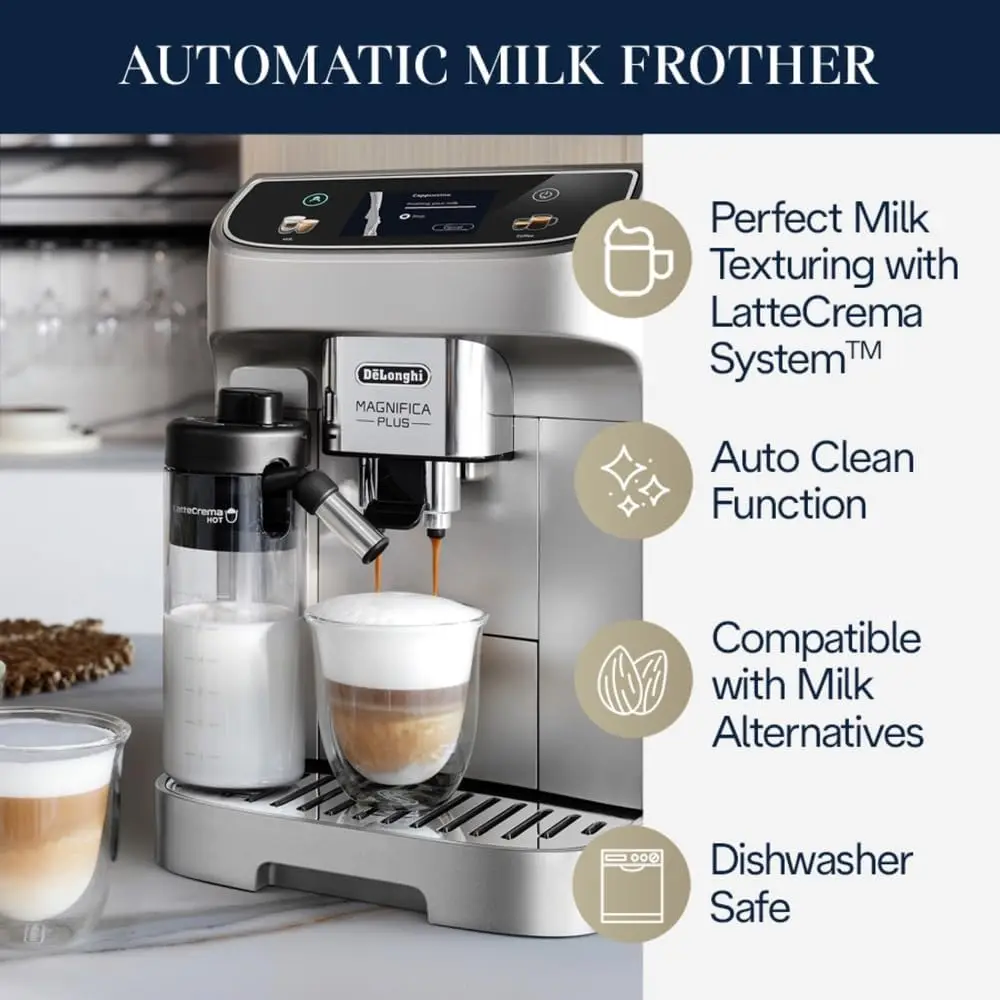 De'Longhi Magnifica Plus Fully Automatic Espresso Machine with Automatic Milk Frother for 18+ One Touch Recipes Built-in Grinder