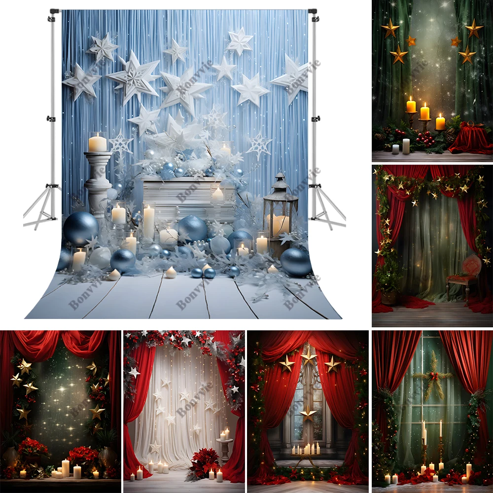 

Bonvvie Christmas Photography Backdrop Winter Xmas Tree Fireplace Red Curtain Window Santa Claus Child Birthday Photo Background