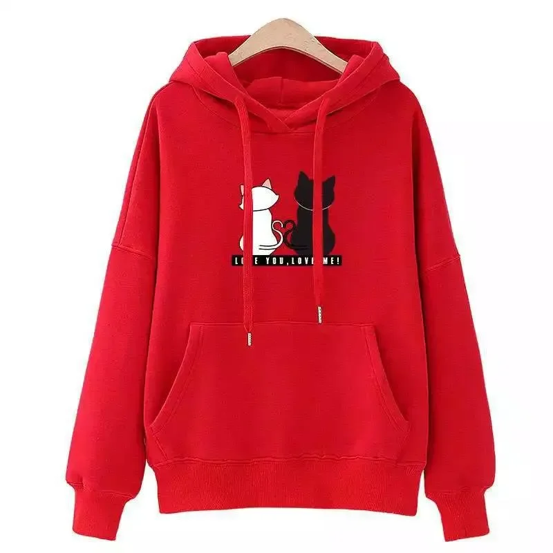 Fall/Winter 2023 new cute cat dropped shoulder hooded sweatshirt women\'s fleece loose pullover top