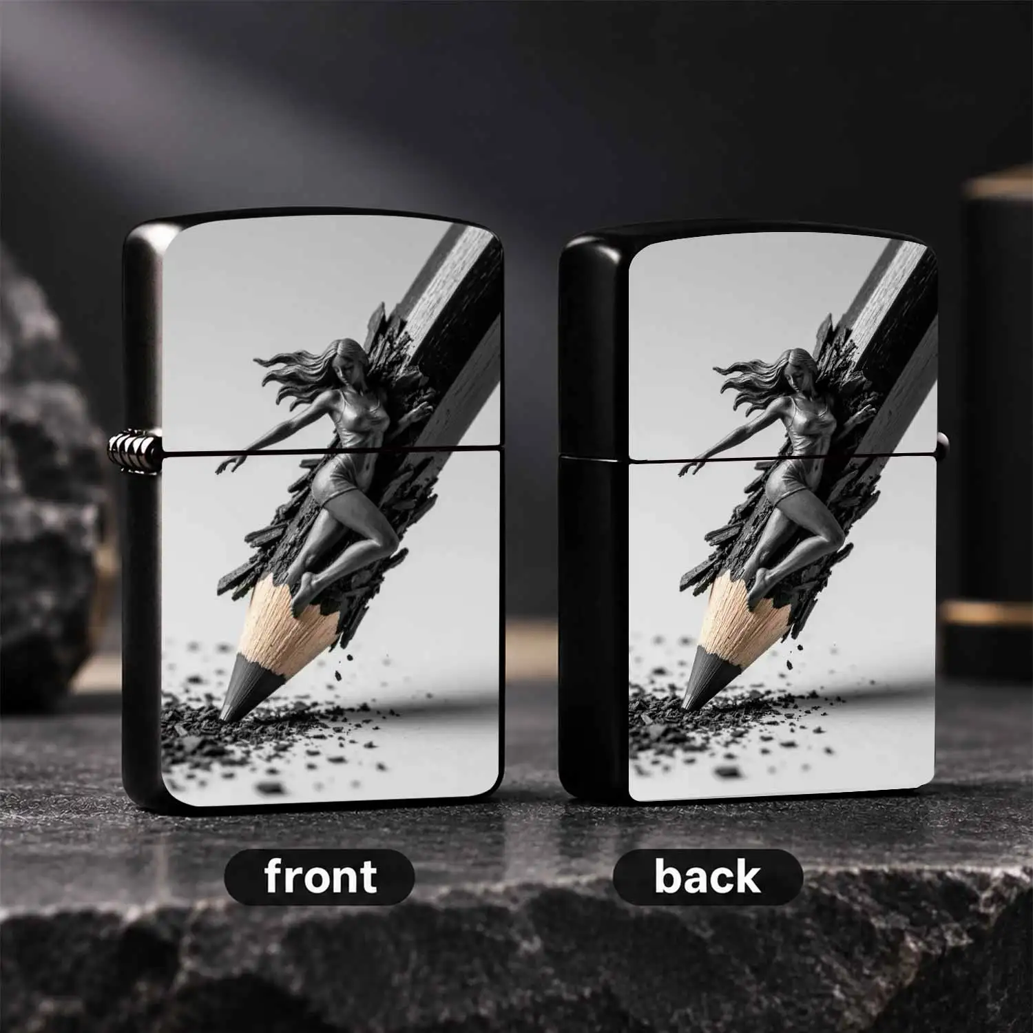 Creative Pencil Micro-Carving Art Style Portable Lighter, Unique Artistic Atmosphere Design, Practical Daily Carry Item, Suitable for Outdoor Camping, Home Decoration, Desktop Ornament, Gifting and Various Other Daily Scenarios A Humorous