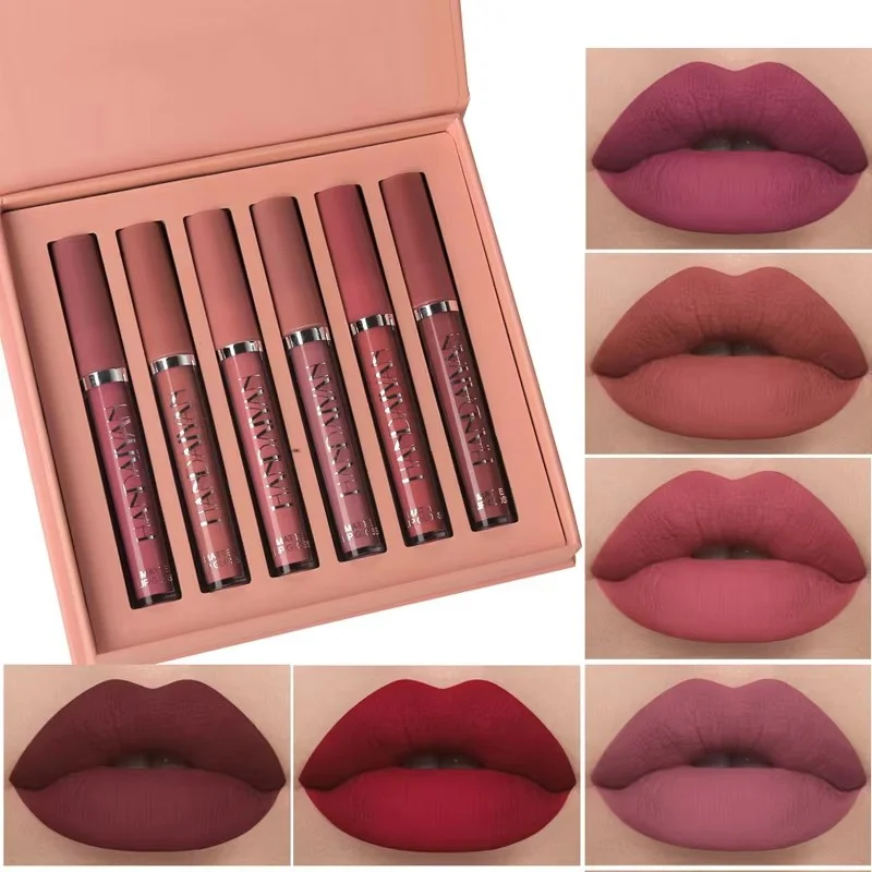 Juego de lápiz labial líquido HANDAIYAN de 6 piezas: acabado mate, brillo de labios antiadherente de larga duración, caja de regalo de maquillaje de labios impermeable para mujeres
