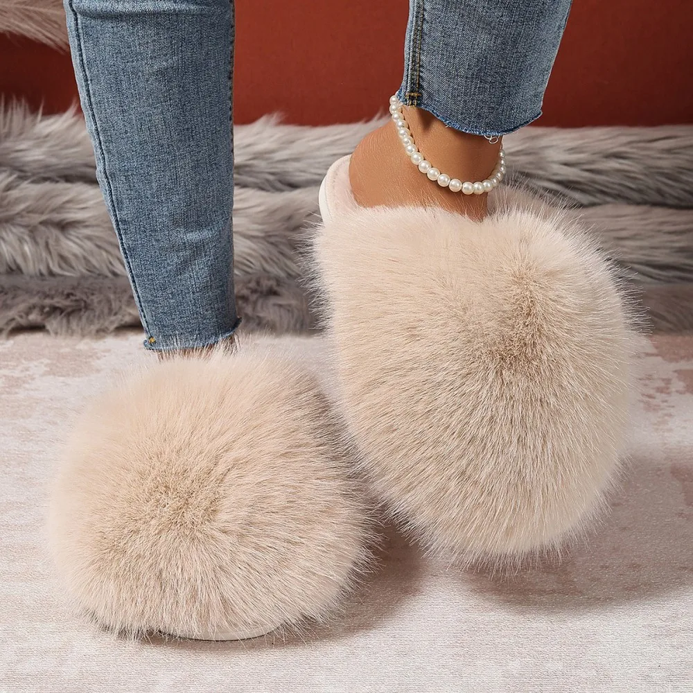 Winterfellige Damen-Hausschuhe, bequeme Flip-Flops, flache Pantoffeln, Indoor-Schlafzimmer-Plüschschuhe für Damen – Detail 17