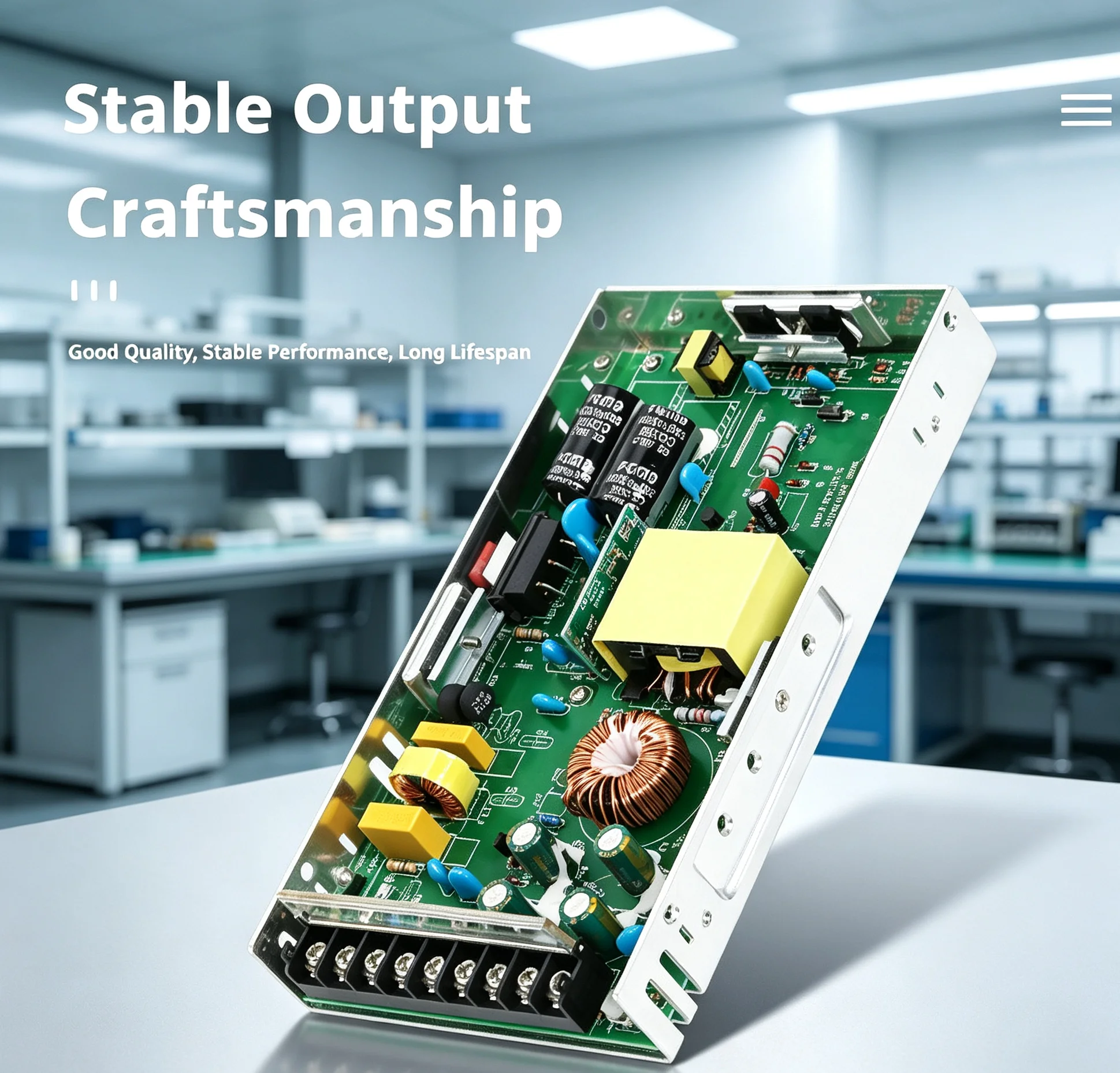High-Current Switching PSU: LRS-200-5 (5V 40A), LRS-200-24 (24V 8.8A), 115×215×30mm, 6-Year Warranty, RoHS Compliant