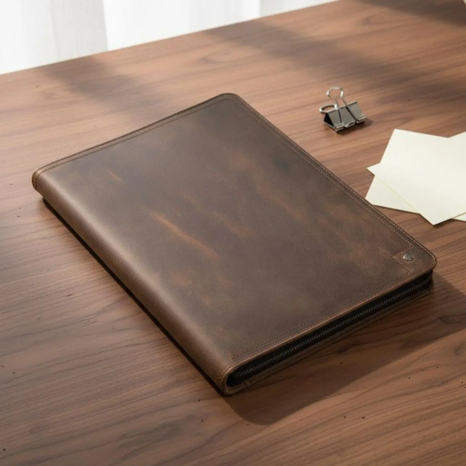 A4 Leather Padfolio Binder Cover with Card Pockets and 4 Ring Loose Leaf System for Professional Use