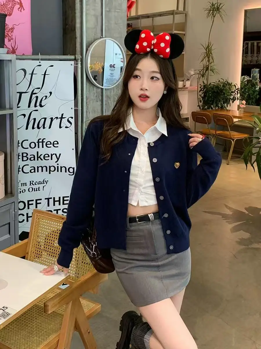 

Корейский свободный женский вязаный свитер с длинными рукавами, вышивкой медведя, дышащий, удобный, повседневный, модный кардиган