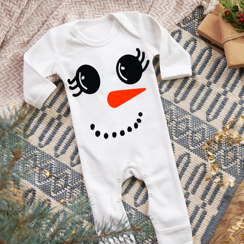 Christmas Snowman Face Babygrow Sleepsuit Infant Xmas Sleep Suit Boys Girls Cute Clothes Newborn First Christmas Gift Bodysuit