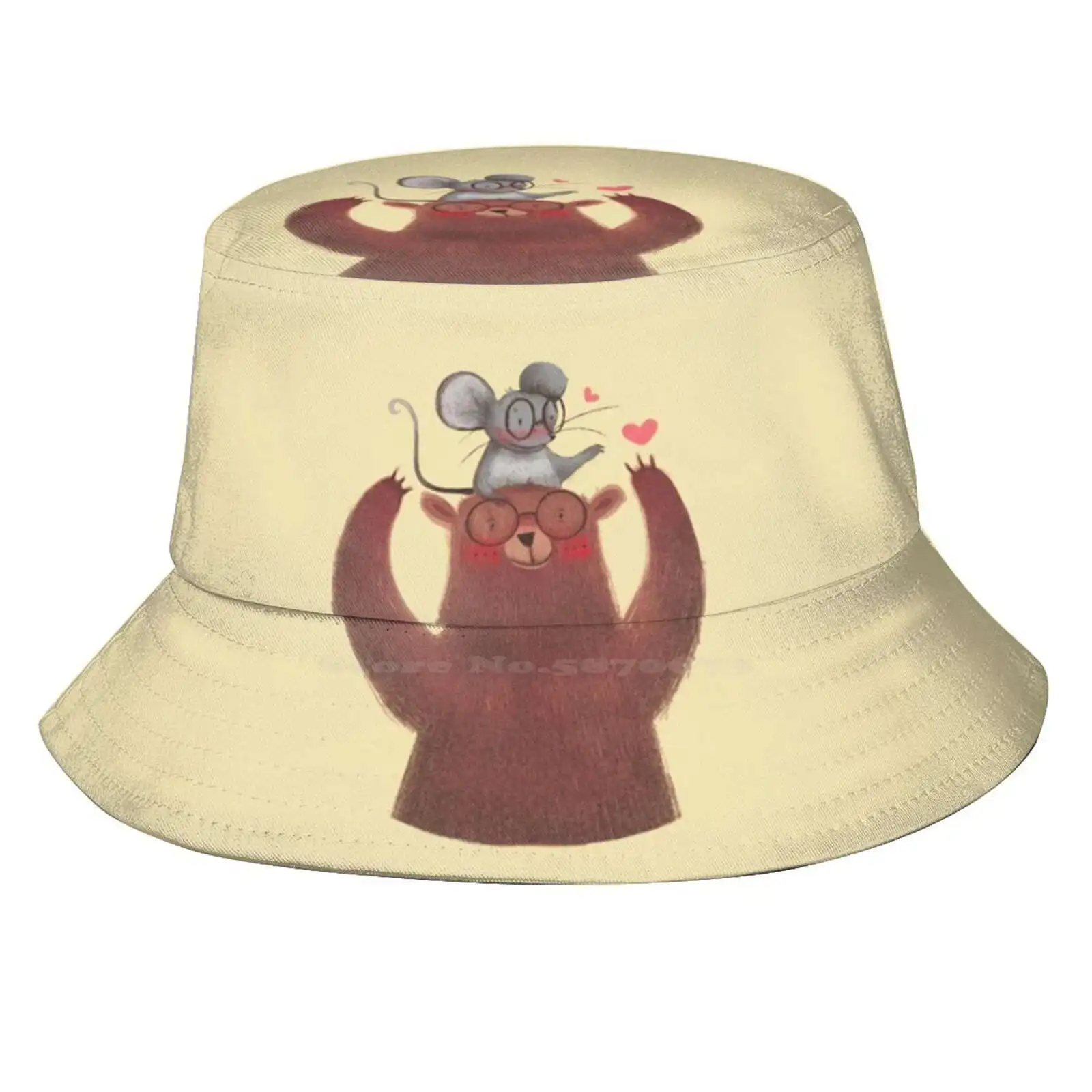 The Bear And The Mouse Sun Cap Fisherman Hat Bucket Hats Love Couple Mouse Rat Bear Cuteness Pastel Colors Glasses