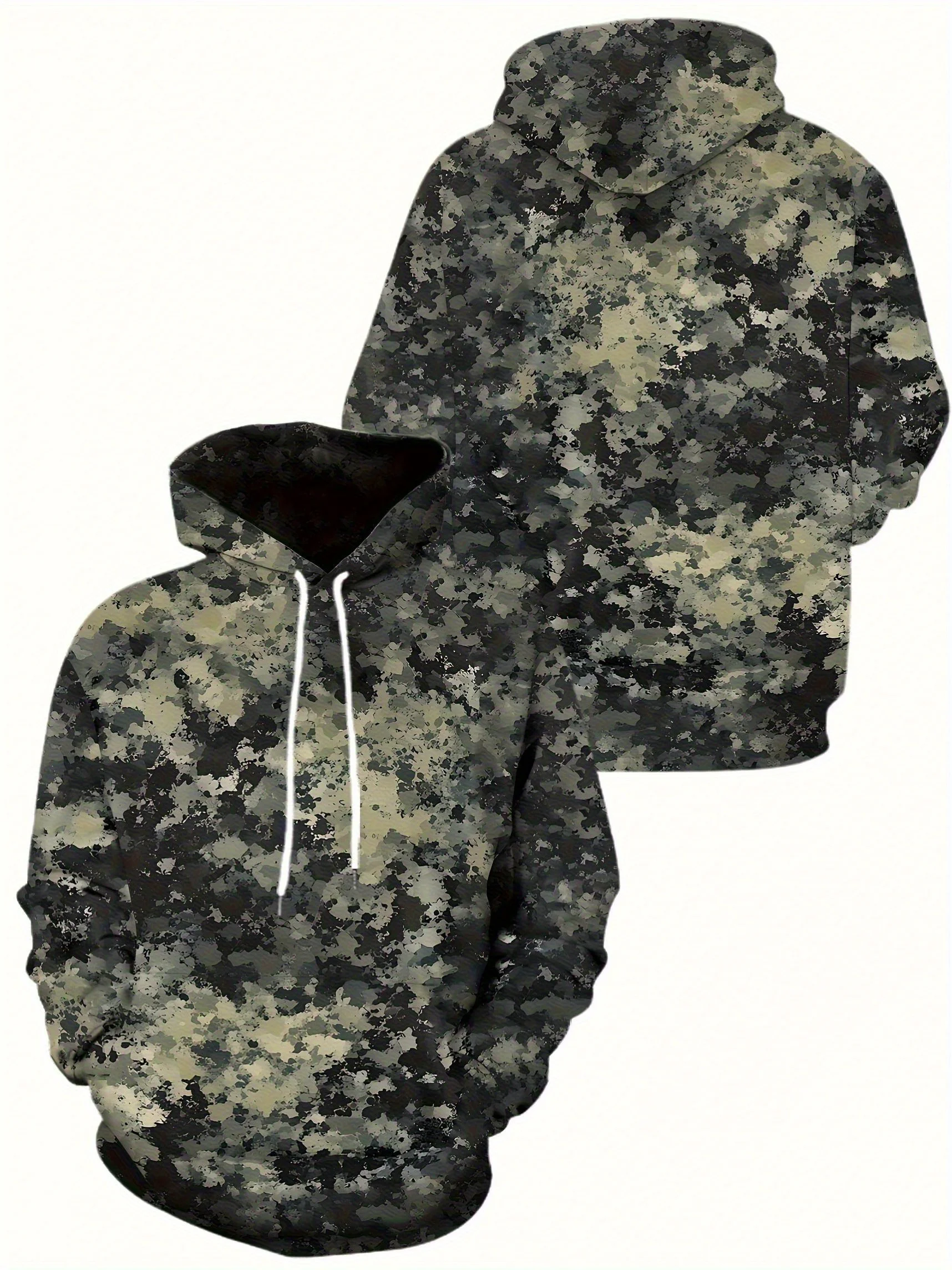 سويت شيرت بغطاء للرأس مطبوع مموه، فضفاض، أكمام طويلة، نمط بلوفر، قماش متين ومريح