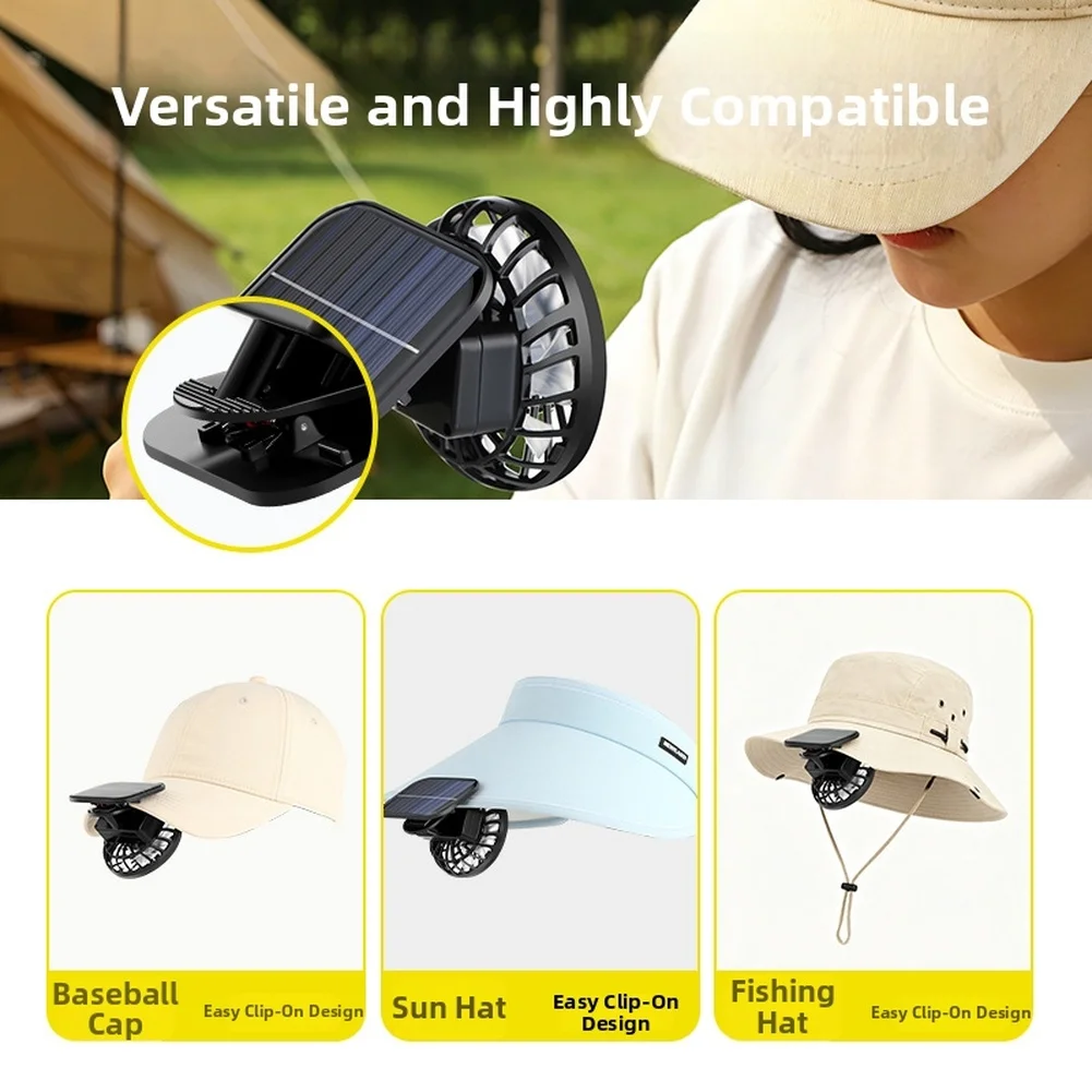 Solar Charging Clip Fan for Hats with USB Recharge Capability 3 Speed Quiet Cooling for Fishing Camping Hiking
