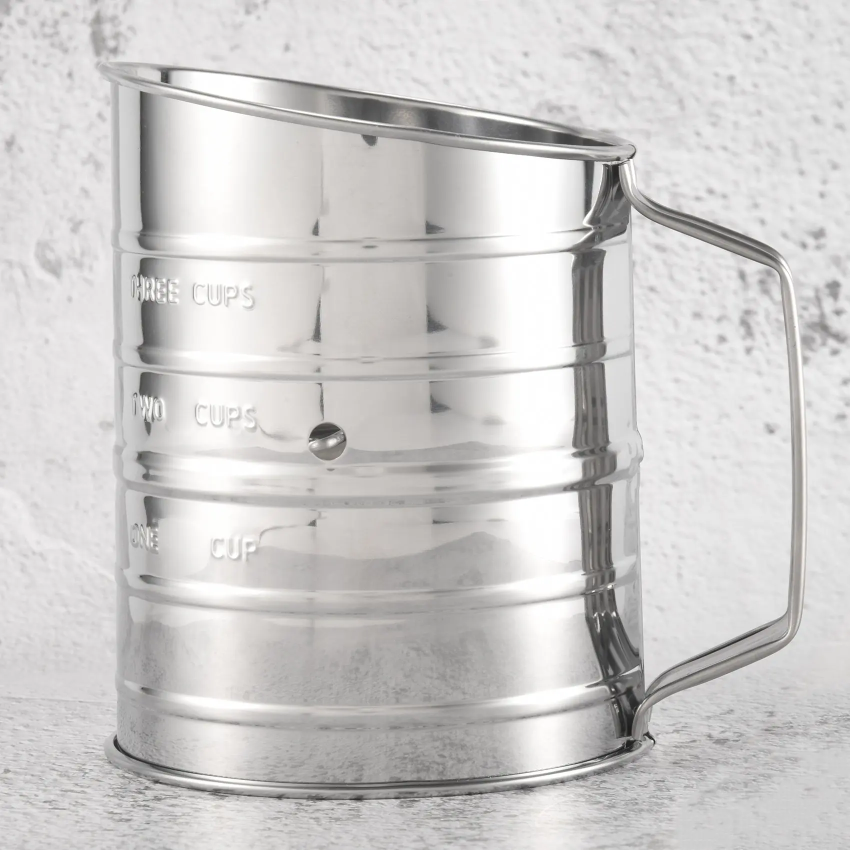 A84E-3 Cup Stainless Steel Flour Sifter - Fine Mesh Rotary Hand Crank Flour Sifter With Agitator Wire Loop For Baking Cakes