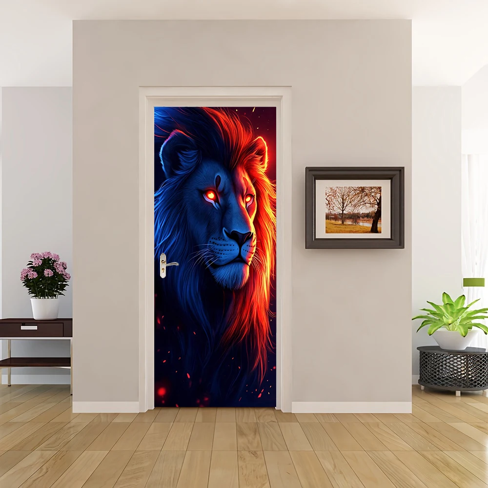 El diseño de 1 Uds. De pegatinas para puerta con cabeza de león es impresionante, con ojos brillantes de color rojo fuego emparejados con melena degradada azul y naranja, creado