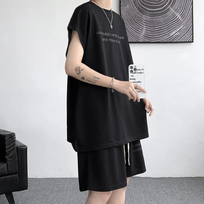 

Summer New Arrival Plus Size Men Waffle Sportswear Set Sleeveless Tank Top T Shirt Casual Versatile 2 Piece