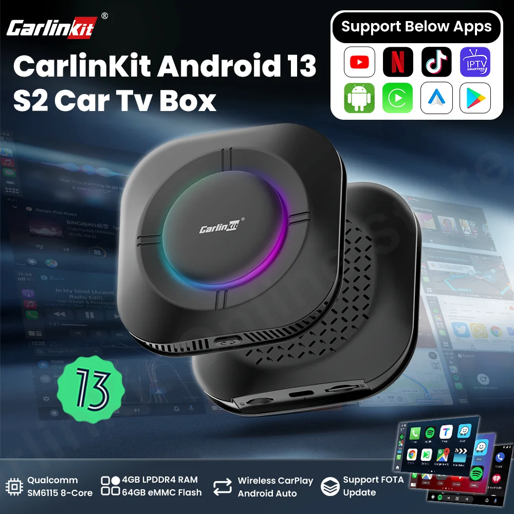 Carlinkit S2 Android 13 Tv Box SM6115 8-rdzeniowy Carplay Bezprzewodowy Android auto Obsługa Youtube Netfilx IPTV Spotify Przełącznik fizyczny