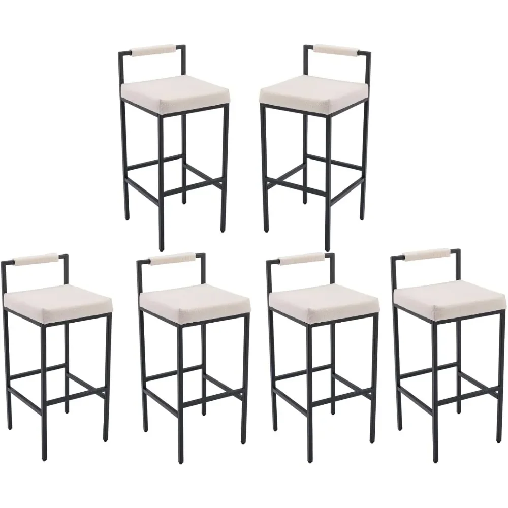 White Modern Bar Stools Set of 6 with Low Back, Linen Bar Height Stools Tall Barstools Upholstered Bar Chairs Counter Stools