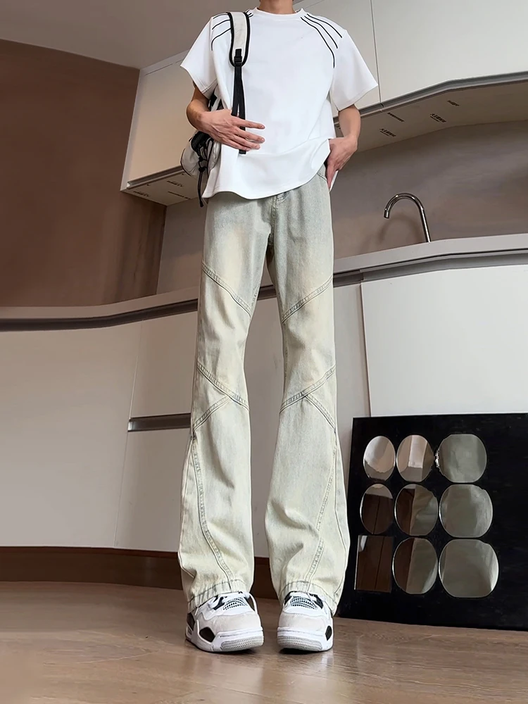 

Yellow Clay Color Spliced Straight Leg Jeans Men's Summer American Cool High-End Feeling Pants Slim Knife Bootcut Jeans