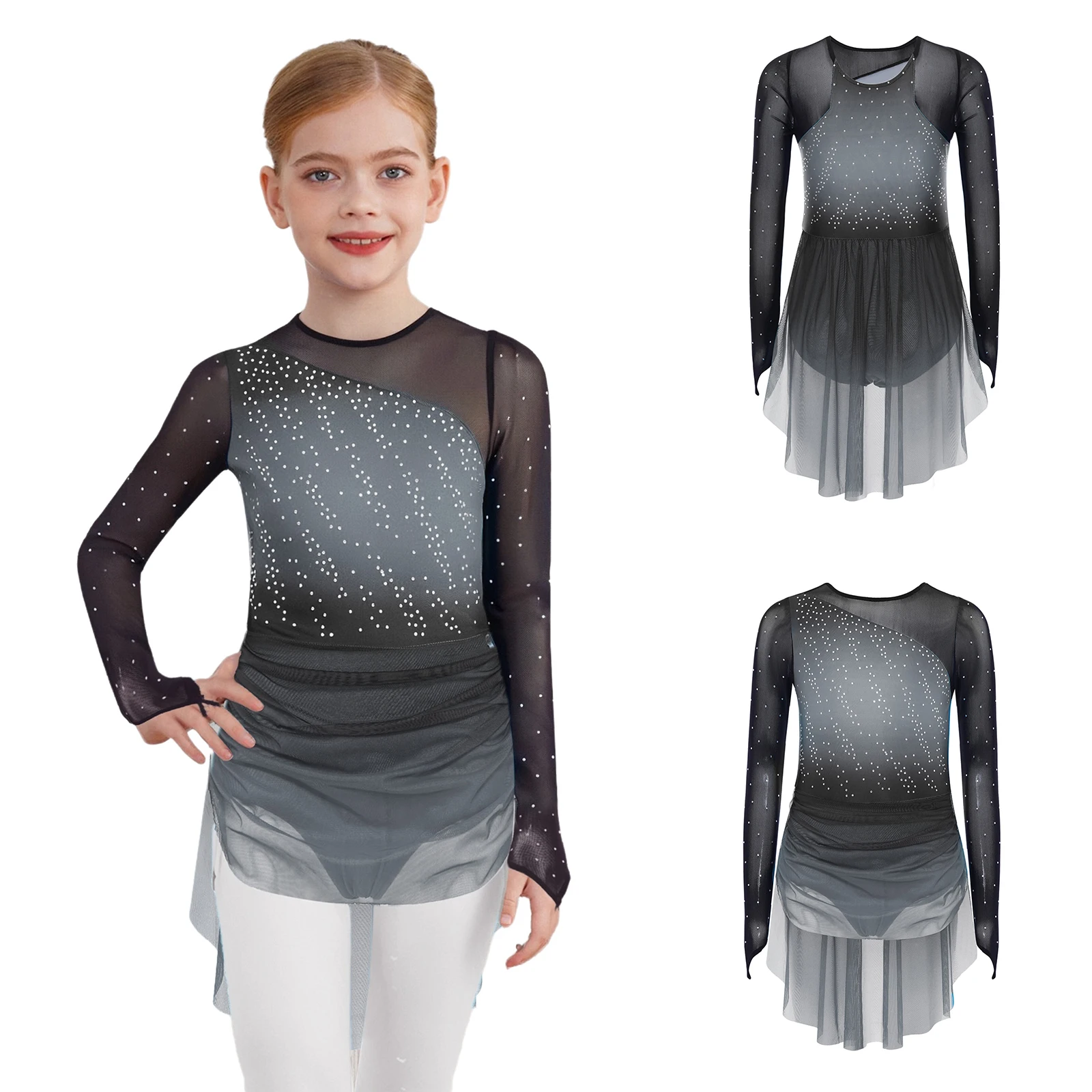 Gymnastics Ballet Latin Dance Performance Costume for Girls Lyrical Gradient Dress for Solo Dance And Ballroom Dance Competition