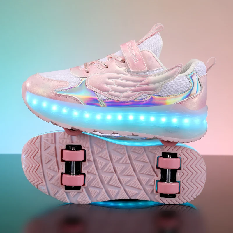 Children LED Light Sneakers 4 Wheels Luminous Shoes with Wheels Lights Rechargeable Girls Boys Women Kids Roller Skates Shoes