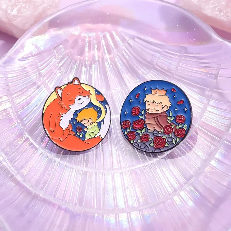 Cartoon Boy and Fox Enamel Pins Romantic Flim Story Brooches Creative Rose Flower Badge Backpack Lapel Pin Gift for Kids Friends