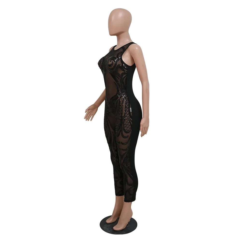 QILI-Sexy Black Sequins Jumpsuit, Sleeveless, Round Neck, Perspective, Polyester Mesh, Spliced, Beaded, Slim Fit Pants