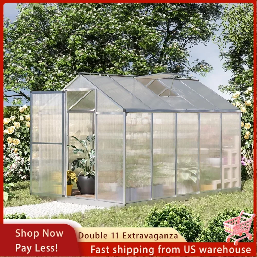 

10' x 6' Walk-in Polycarbonate Greenhouse with Roof Vent for Ventilation & Rain Gutter, Heavy Duty Aluminum Green House