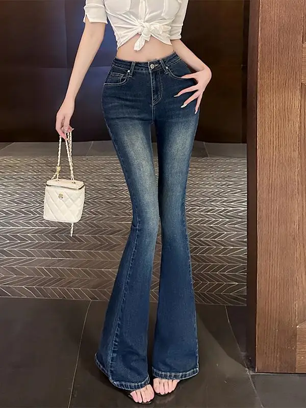 

Spring 2025 Women's High Waist Cotton Stretch Denim Tight Micro Flared Jeans Back Pocket Butt Enhancing Deep Blue Korean Style