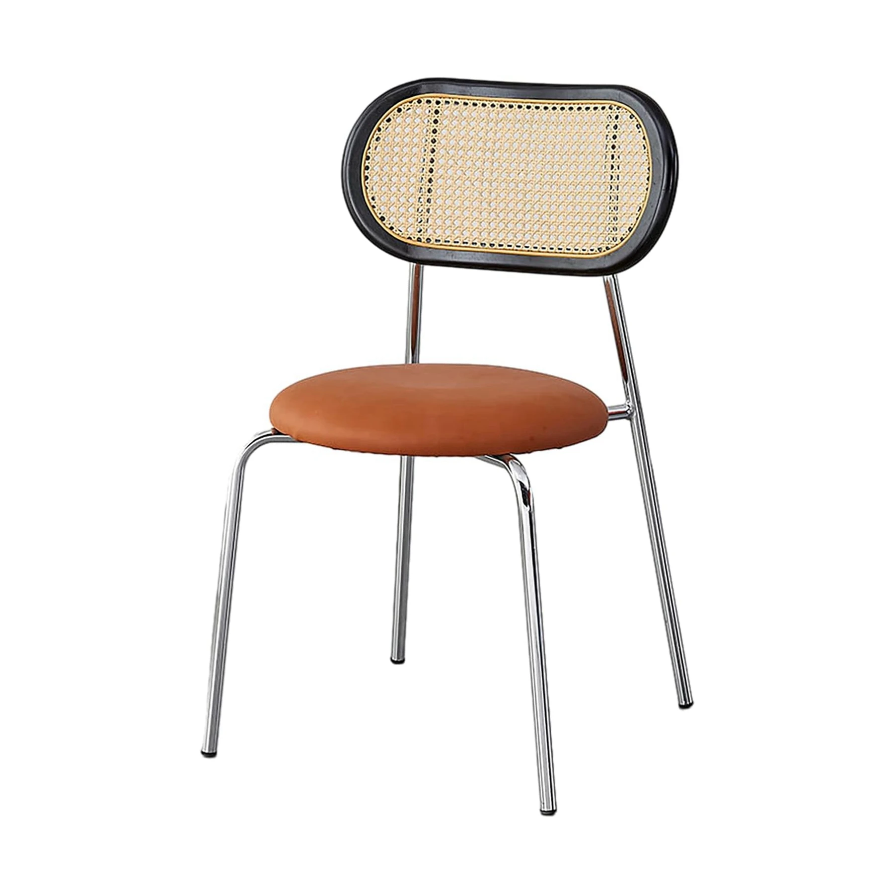 !@Modern Dining Chair with Iron Frame Upholstered Seat Rattan Backrest for Indoor and Outdoor