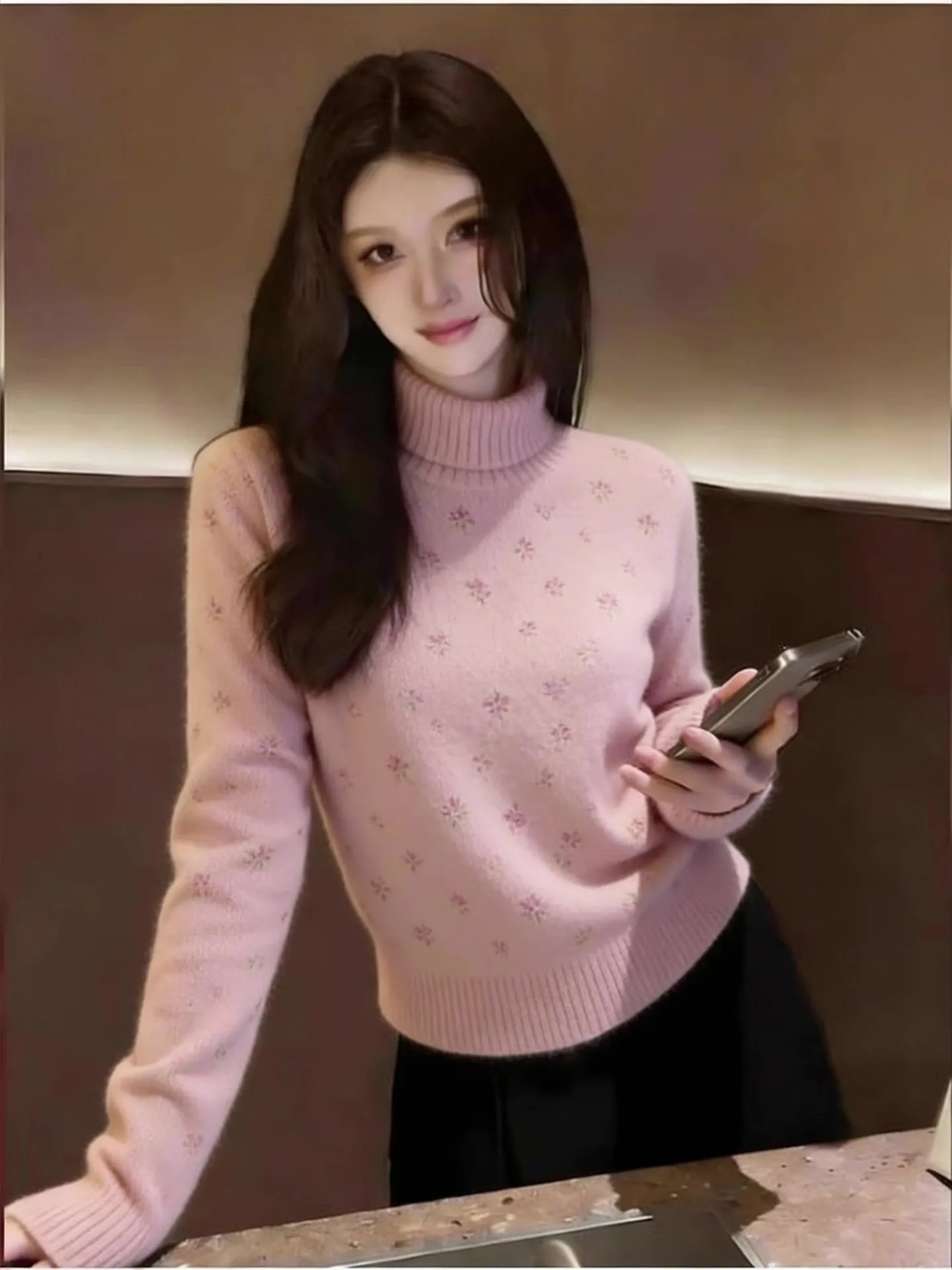 

Новый женский вязаный свитер Ele Pink с высоким воротником и длинными рукавами, повседневный, свободный, универсальный, для зимы