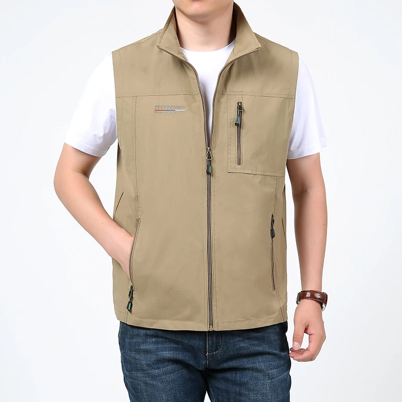 Vestes en fibre de plein air pour hommes, vêtements de sport décontractés, col montant, fermeture éclair, mode estivale, poches, épissé, gilets droits