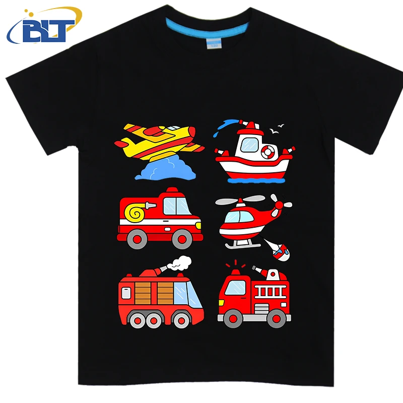 

Firetruck Firefighter Boat Plane Helicopter Printed Children's T-shirt Summer Cotton Short Sleeves Suitable for Boys and Girls