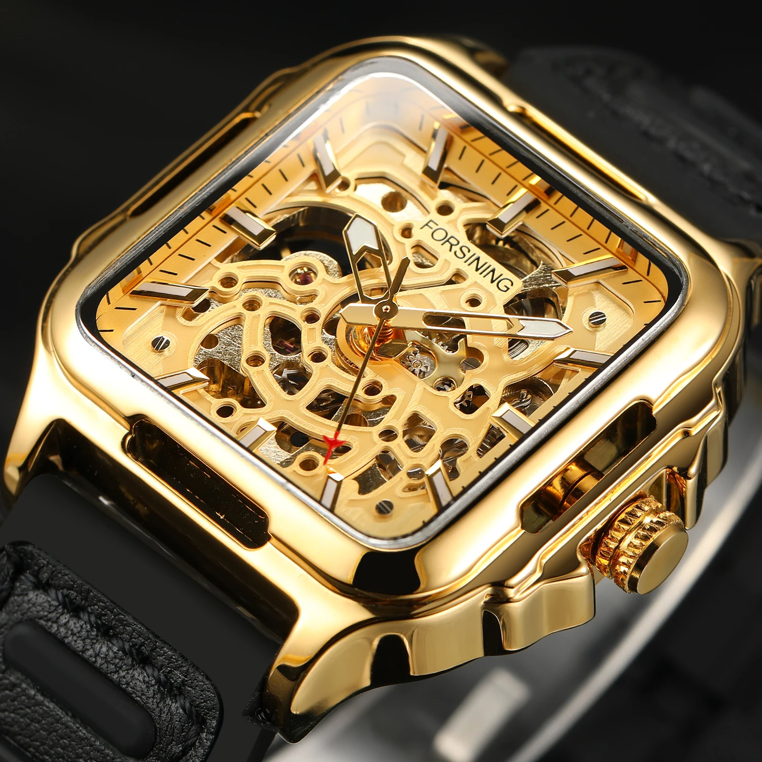 ساعة يد FORSINING للرجال كلاسيكية أنيقة ذات هيكل عظمي مربع ميكانيكية أوتوماتيكية مقاومة للماء بسوار من السيليكون رياضية طبق الأصل #1