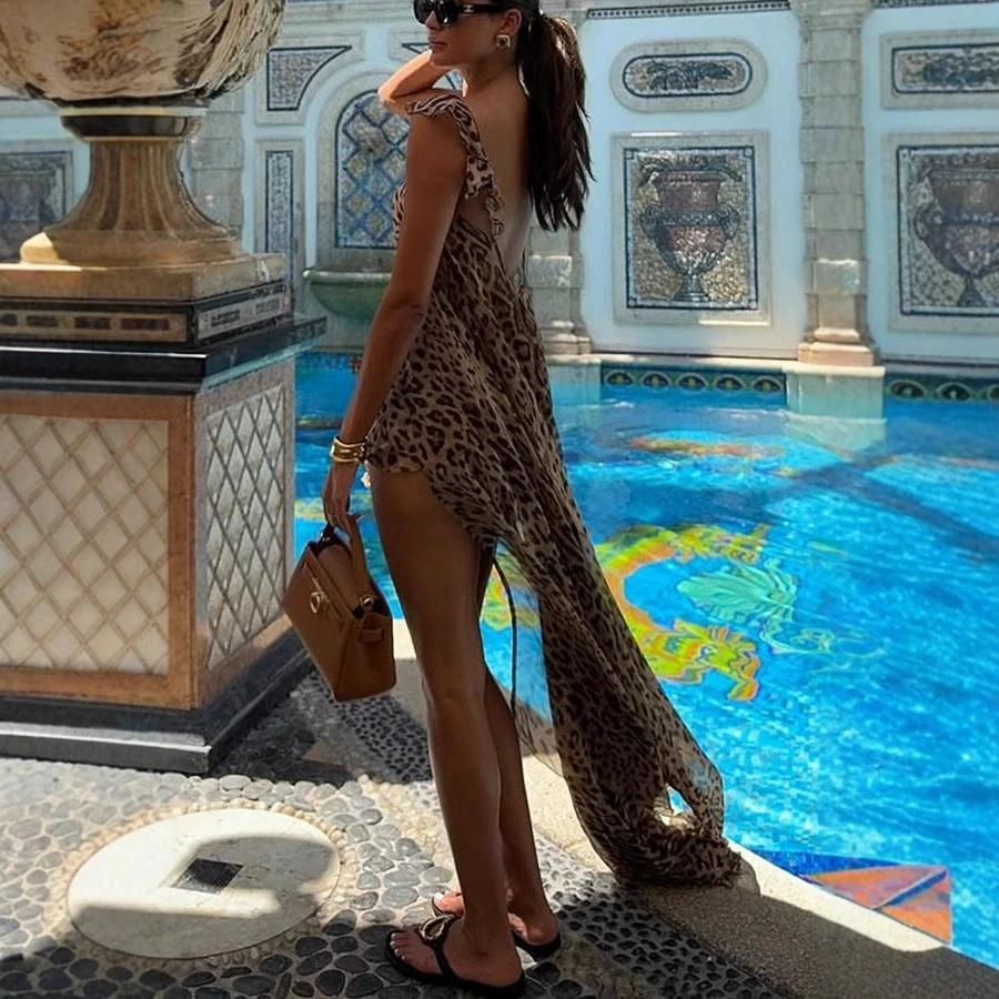 Melphieer Chiffon Leopard Printed Sling Beach Dress 2pc Suit Maxi Beach Cover up Woman Swimwear Bikini Beachwear Outfit Sundress
