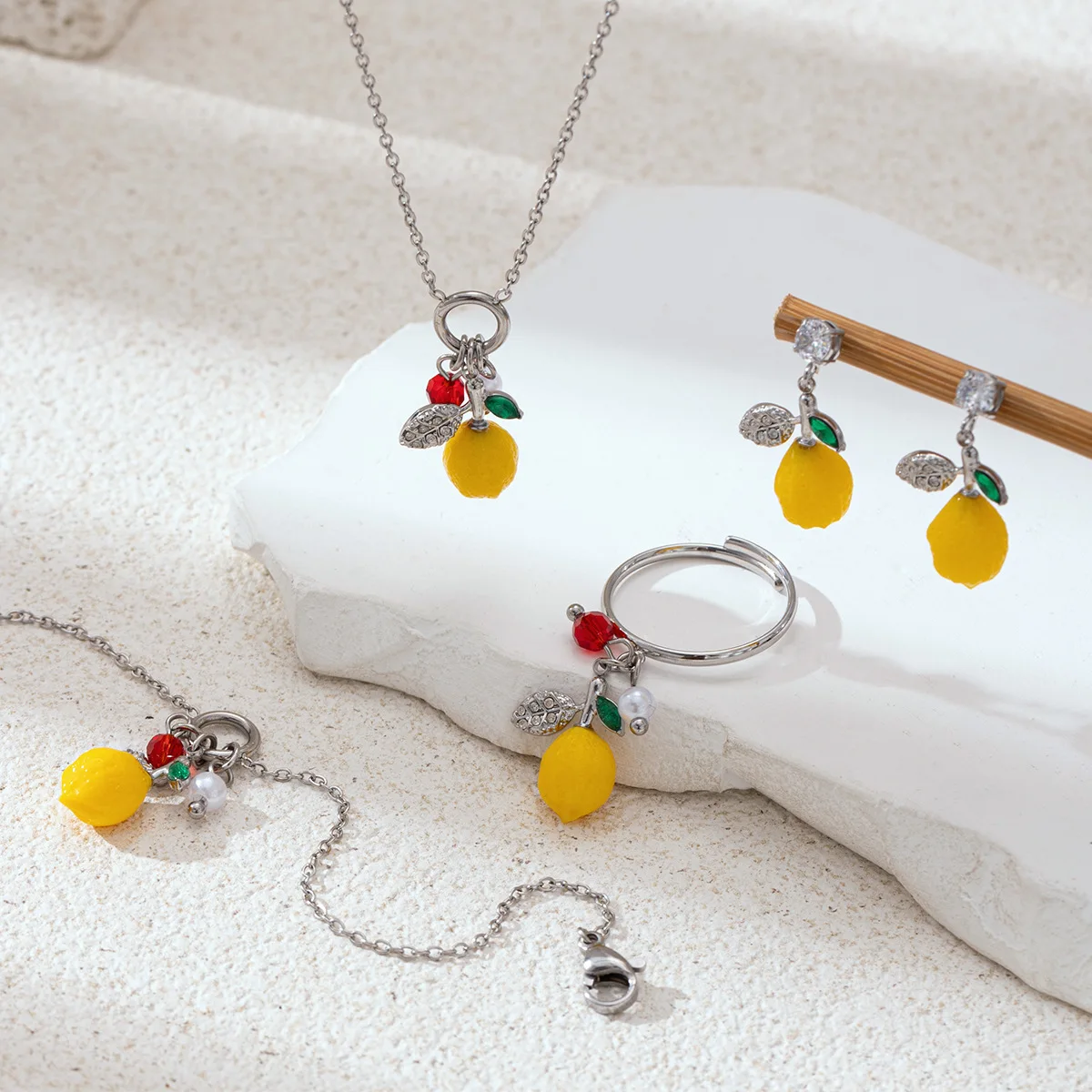 Fashion Summer Lemon Cherry Fruit Necklace Earrings Set Silver Color Zircon with Green Leaf  for Women Pretty Jewelry Gifts