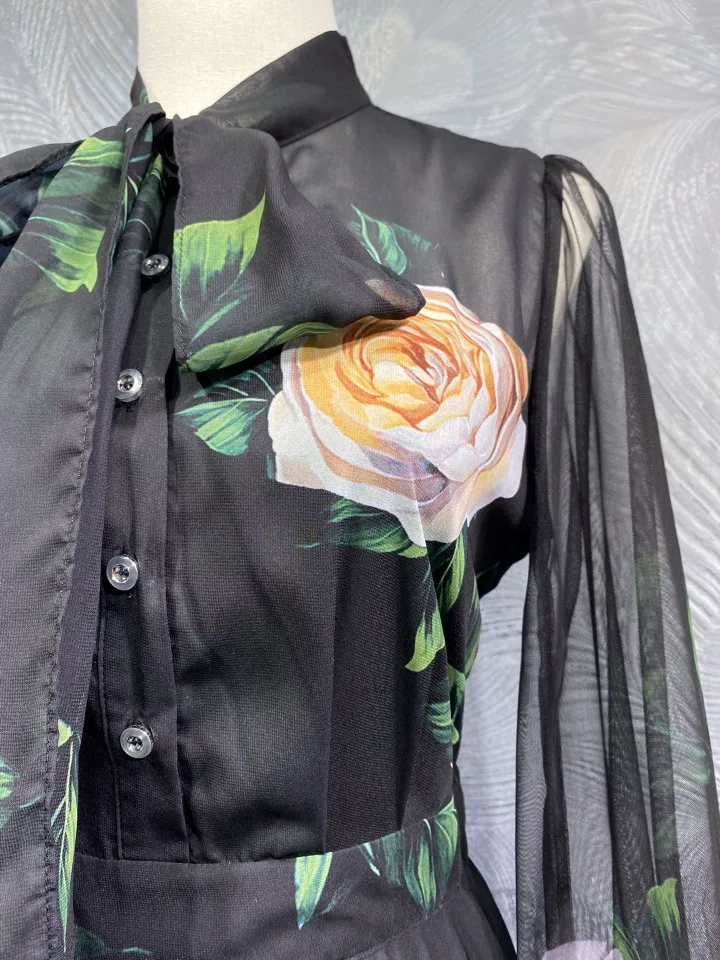Bow Tie Elegant Long Dress 2025 Spring High Quality Clothing Women Big Floral Prints Long Sleeve Black Long Evening Maxi Dress