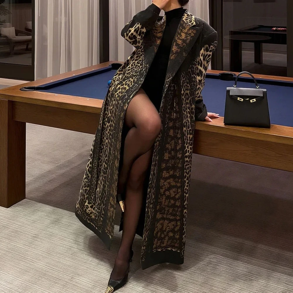 

Длинный плащ с леопардовым принтом и поясом, женский элегантный отложной воротник, повседневная уличная одежда с длинными рукавами, куртки, верхняя одежда