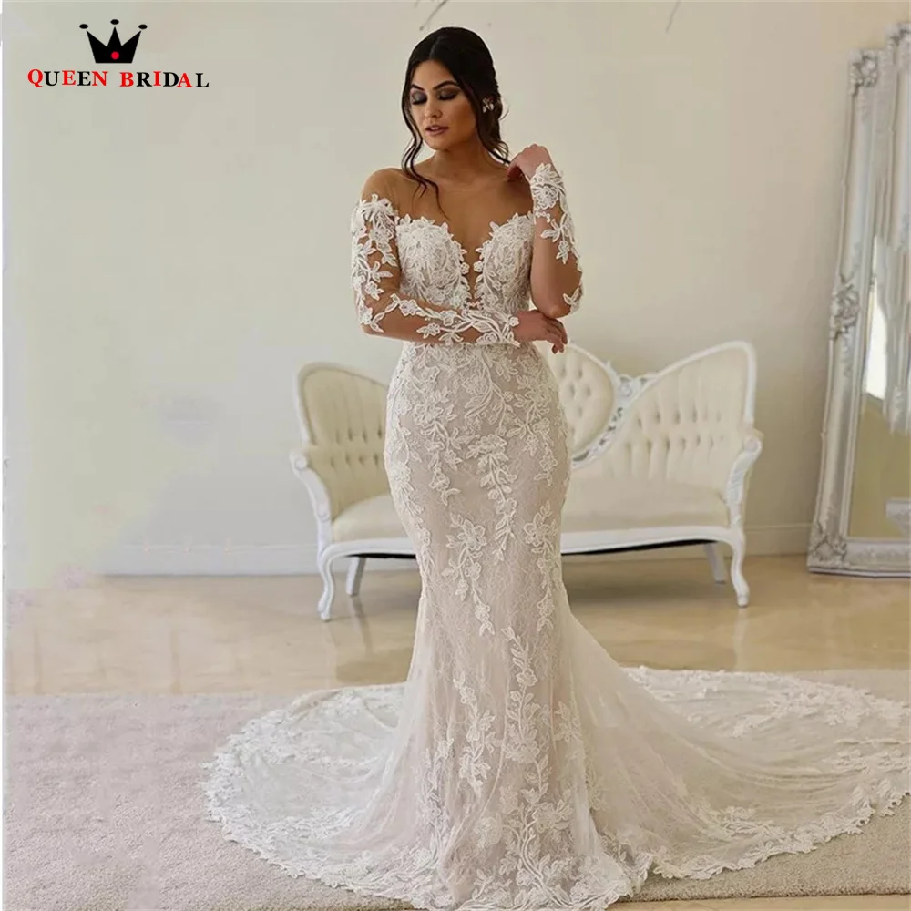 Custom Made Elegant 2023 Fashion Weddding Dresses Mermaid Long Sleeve Tulle Lace Appliques Formal Bridal Gowns SD31